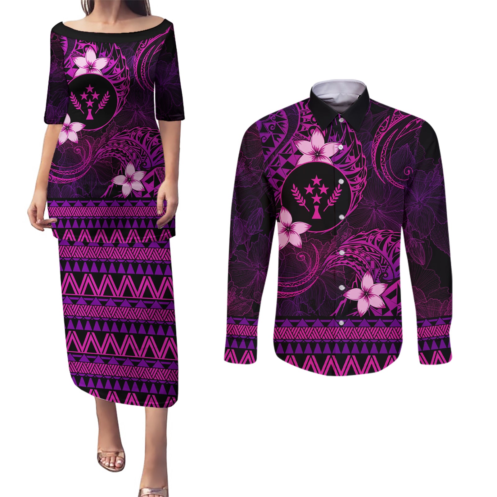 FSM Kosrae State Couples Matching Puletasi and Long Sleeve Button Shirt Tribal Pattern Pink Version LT01 Pink - Polynesian Pride