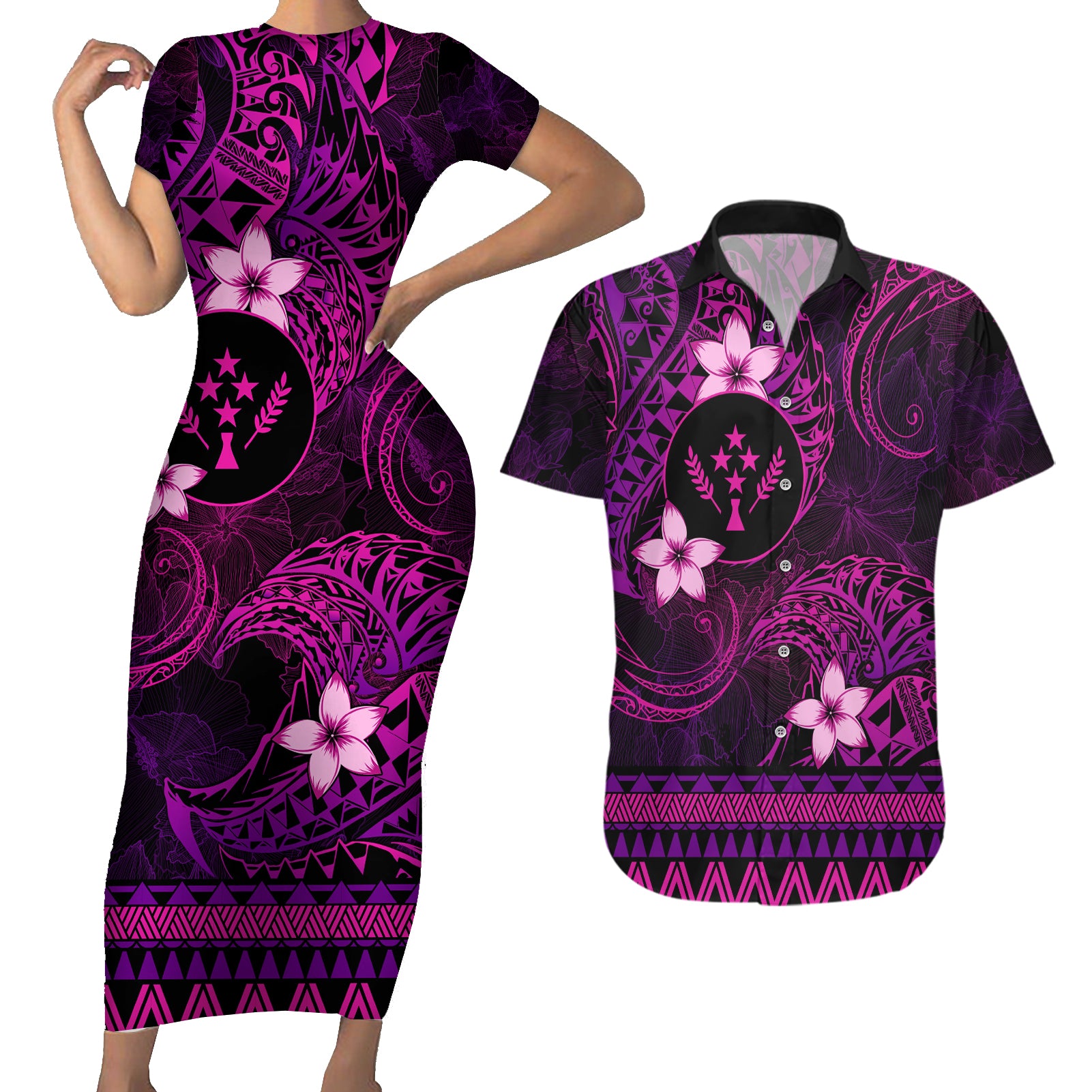 FSM Kosrae State Couples Matching Short Sleeve Bodycon Dress and Hawaiian Shirt Tribal Pattern Pink Version LT01 Pink - Polynesian Pride