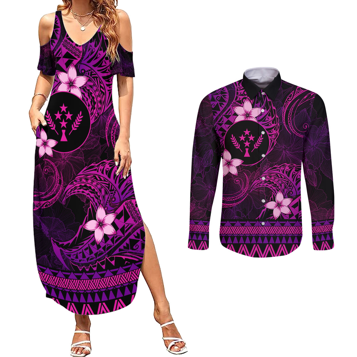 FSM Kosrae State Couples Matching Summer Maxi Dress and Long Sleeve Button Shirt Tribal Pattern Pink Version LT01 Pink - Polynesian Pride