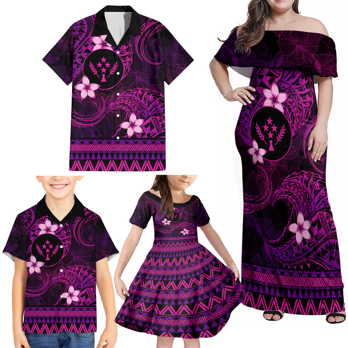 FSM Kosrae State Family Matching Off Shoulder Maxi Dress and Hawaiian Shirt Tribal Pattern Pink Version LT01 - Polynesian Pride