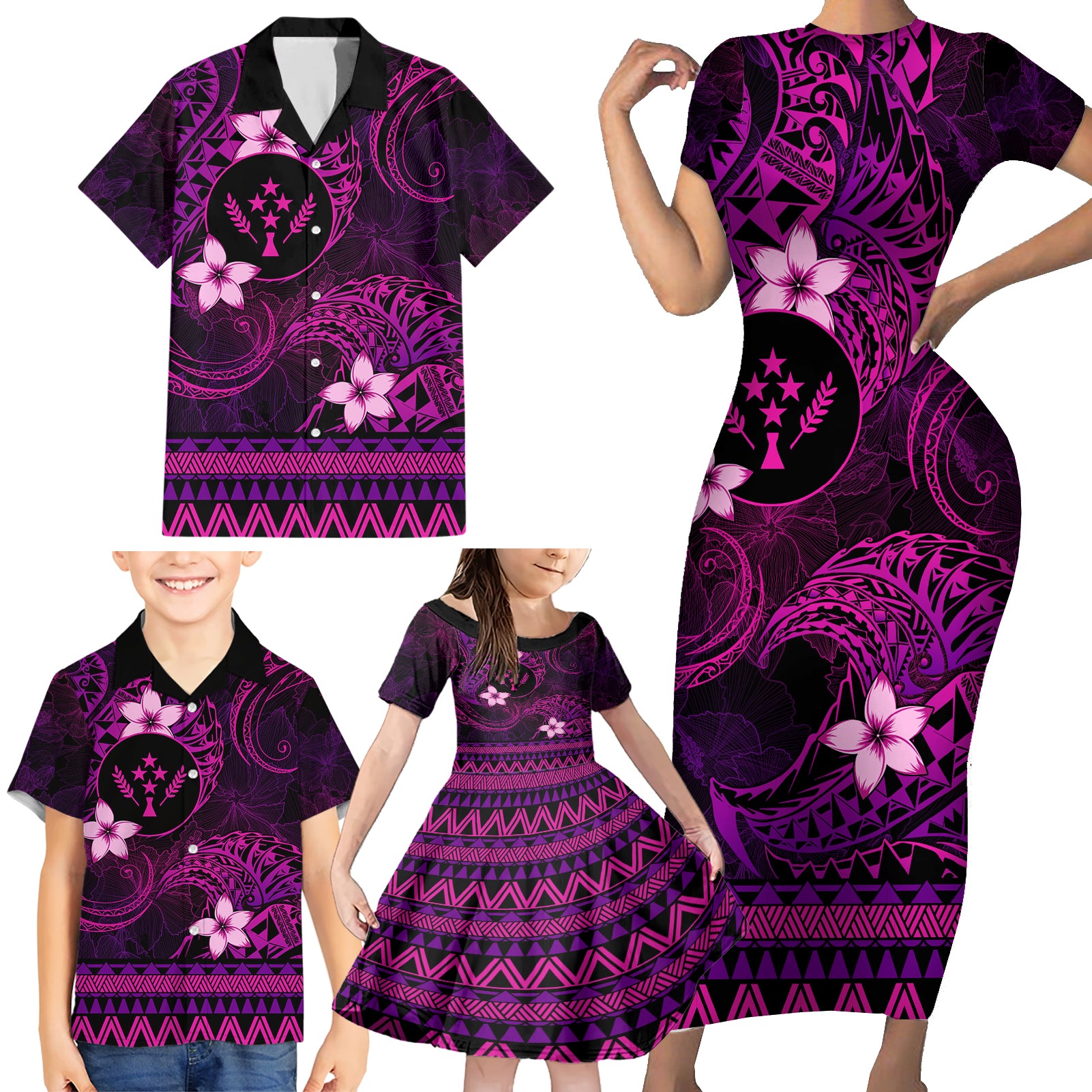 FSM Kosrae State Family Matching Short Sleeve Bodycon Dress and Hawaiian Shirt Tribal Pattern Pink Version LT01 - Polynesian Pride