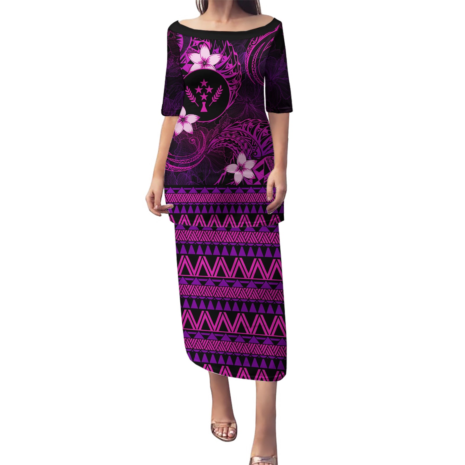 FSM Kosrae State Puletasi Tribal Pattern Pink Version LT01 Long Dress Pink - Polynesian Pride