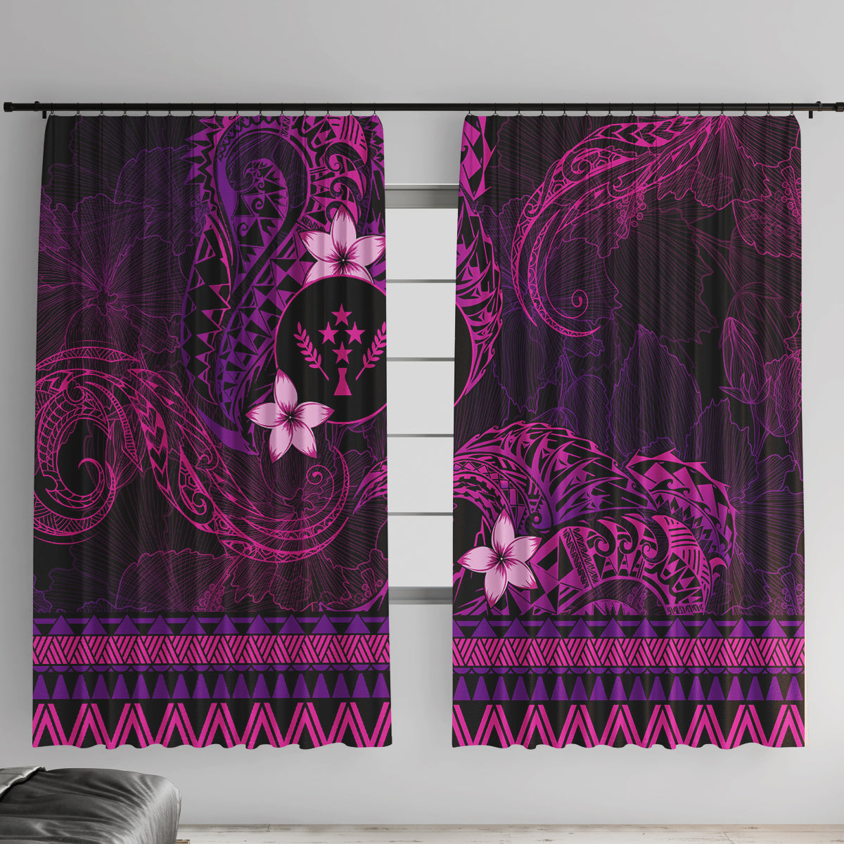 FSM Kosrae State Window Curtain Tribal Pattern Pink Version LT01 With Hooks Pink - Polynesian Pride