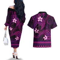 FSM Pohnpei State Couples Matching Off The Shoulder Long Sleeve Dress and Hawaiian Shirt Tribal Pattern Pink Version LT01 - Polynesian Pride