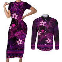 FSM Pohnpei State Couples Matching Short Sleeve Bodycon Dress and Long Sleeve Button Shirt Tribal Pattern Pink Version LT01 Pink - Polynesian Pride