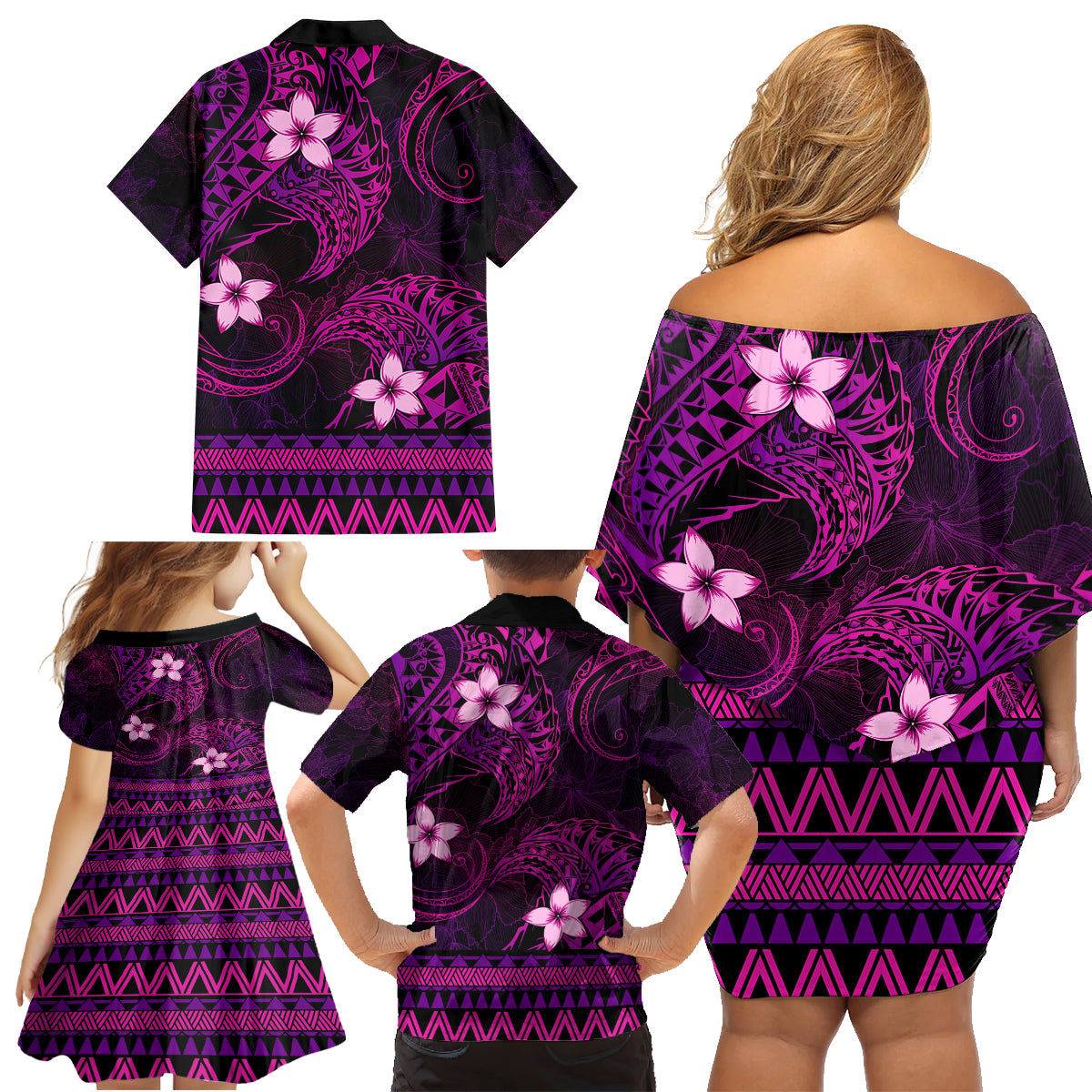 FSM Pohnpei State Family Matching Off Shoulder Short Dress and Hawaiian Shirt Tribal Pattern Pink Version LT01 - Polynesian Pride