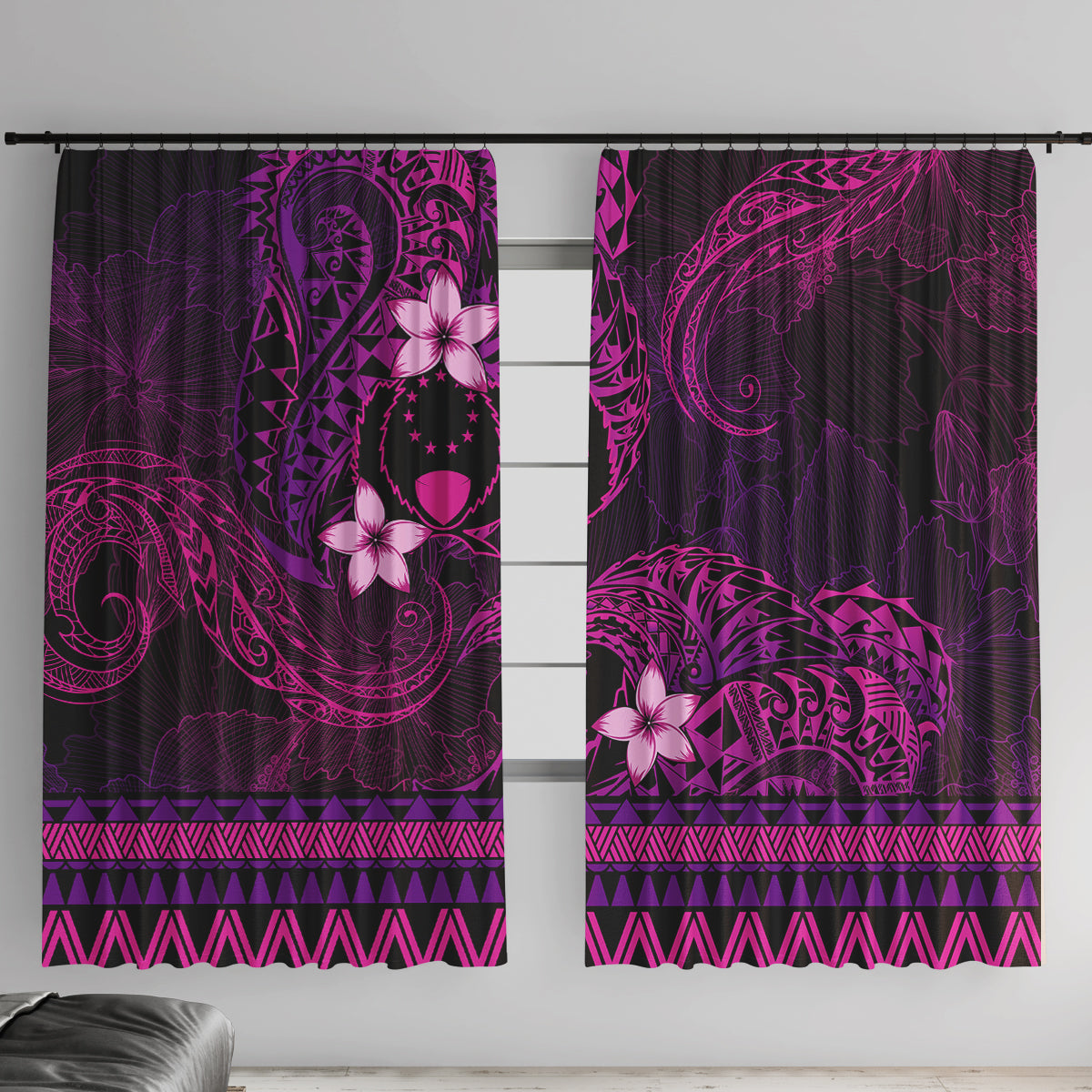 FSM Pohnpei State Window Curtain Tribal Pattern Pink Version LT01 With Hooks Pink - Polynesian Pride