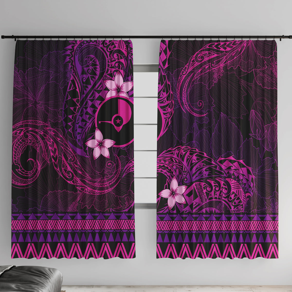 FSM Yap State Window Curtain Tribal Pattern Pink Version LT01 With Hooks Pink - Polynesian Pride
