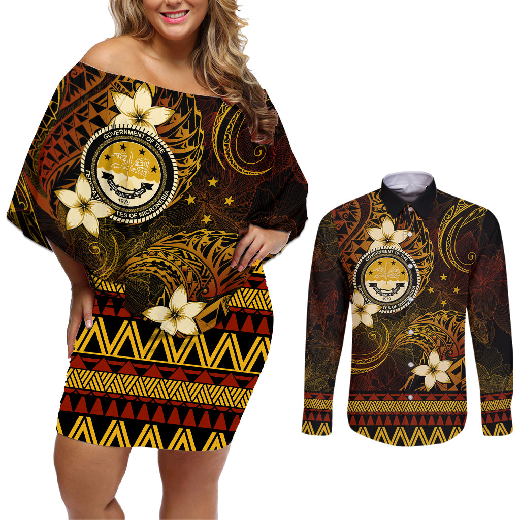 FSM Culture Day Couples Matching Off Shoulder Short Dress and Long Sleeve Button Shirt Tribal Pattern Gold Version LT01 Gold - Polynesian Pride