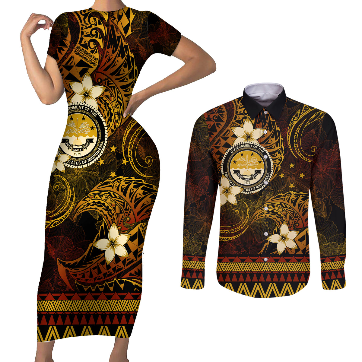 FSM Culture Day Couples Matching Short Sleeve Bodycon Dress and Long Sleeve Button Shirt Tribal Pattern Gold Version LT01 Gold - Polynesian Pride