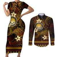 FSM Culture Day Couples Matching Short Sleeve Bodycon Dress and Long Sleeve Button Shirt Tribal Pattern Gold Version LT01 Gold - Polynesian Pride