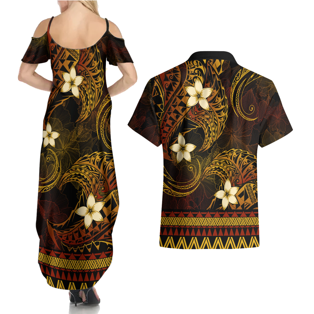 FSM Culture Day Couples Matching Summer Maxi Dress and Hawaiian Shirt Tribal Pattern Gold Version LT01 - Polynesian Pride