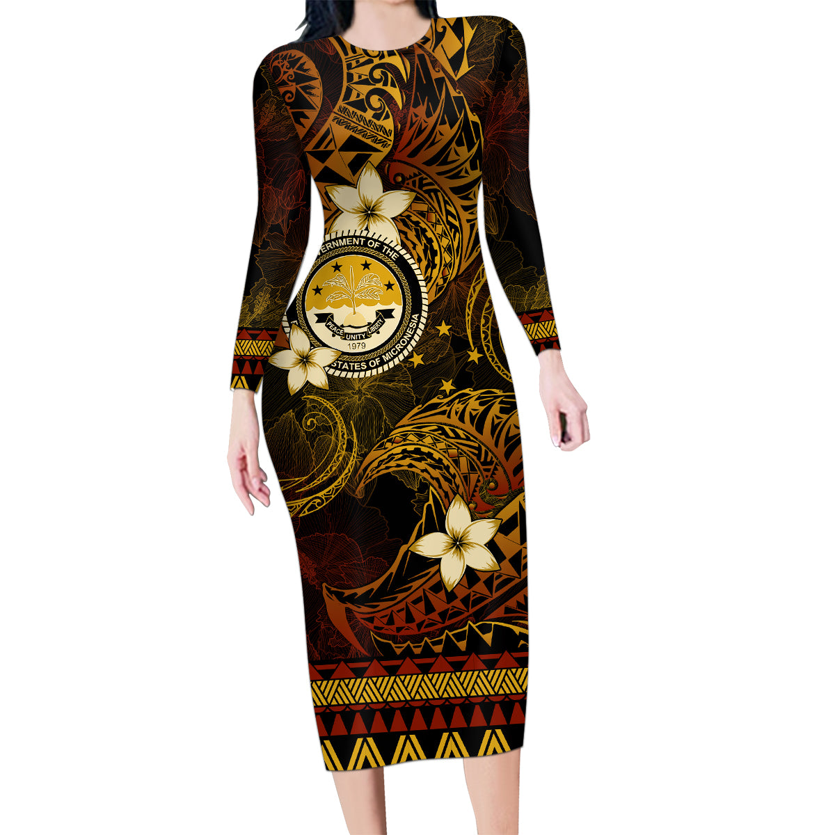 FSM Culture Day Family Matching Long Sleeve Bodycon Dress and Hawaiian Shirt Tribal Pattern Gold Version LT01 Mom's Dress Gold - Polynesian Pride
