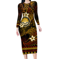 FSM Culture Day Family Matching Long Sleeve Bodycon Dress and Hawaiian Shirt Tribal Pattern Gold Version LT01 Mom's Dress Gold - Polynesian Pride