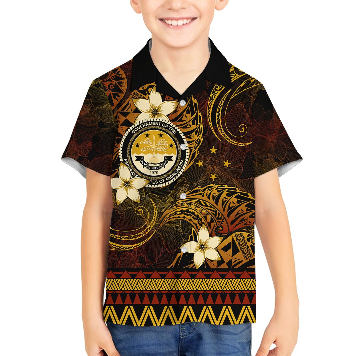 FSM Culture Day Family Matching Long Sleeve Bodycon Dress and Hawaiian Shirt Tribal Pattern Gold Version LT01 Son's Shirt Gold - Polynesian Pride