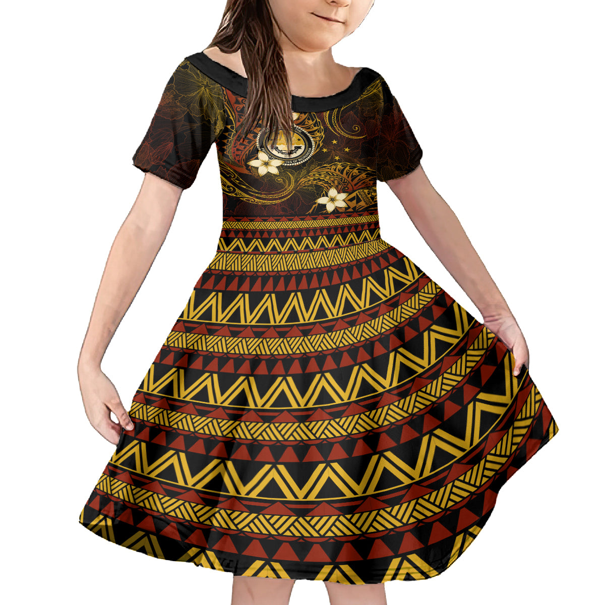FSM Culture Day Family Matching Summer Maxi Dress and Hawaiian Shirt Tribal Pattern Gold Version LT01 Daughter's Dress Gold - Polynesian Pride
