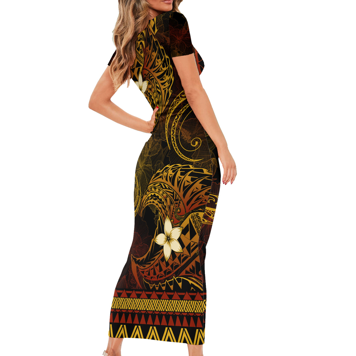 FSM Culture Day Short Sleeve Bodycon Dress Tribal Pattern Gold Version LT01 - Polynesian Pride