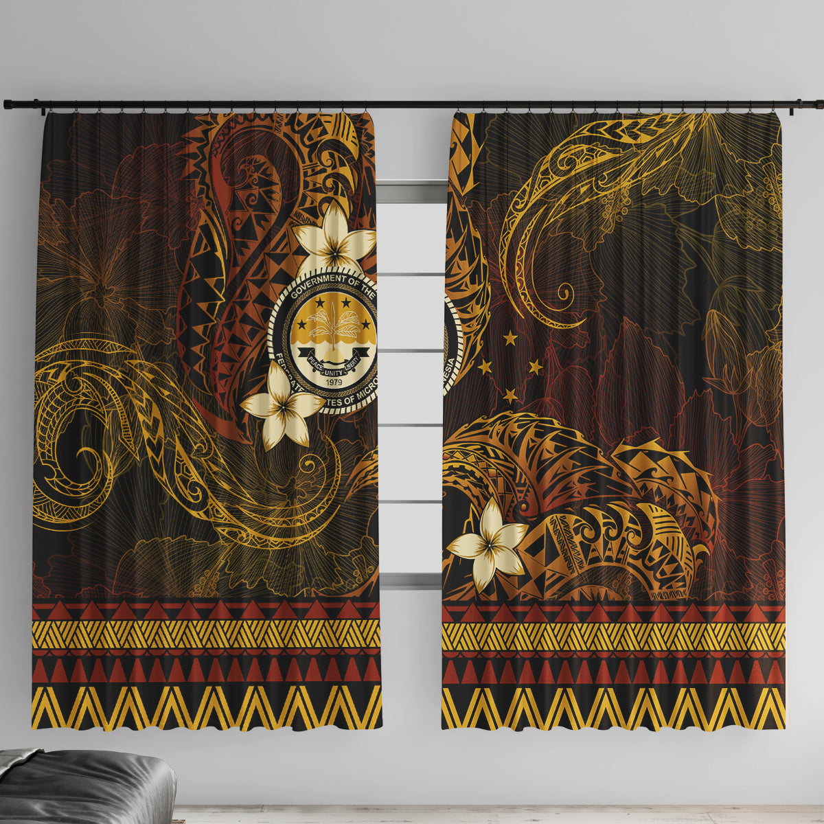 FSM Culture Day Window Curtain Tribal Pattern Gold Version LT01 With Hooks Gold - Polynesian Pride