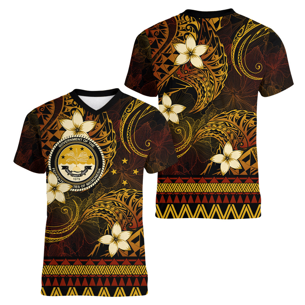 FSM Culture Day Women V Neck T Shirt Tribal Pattern Gold Version LT01 - Polynesian Pride