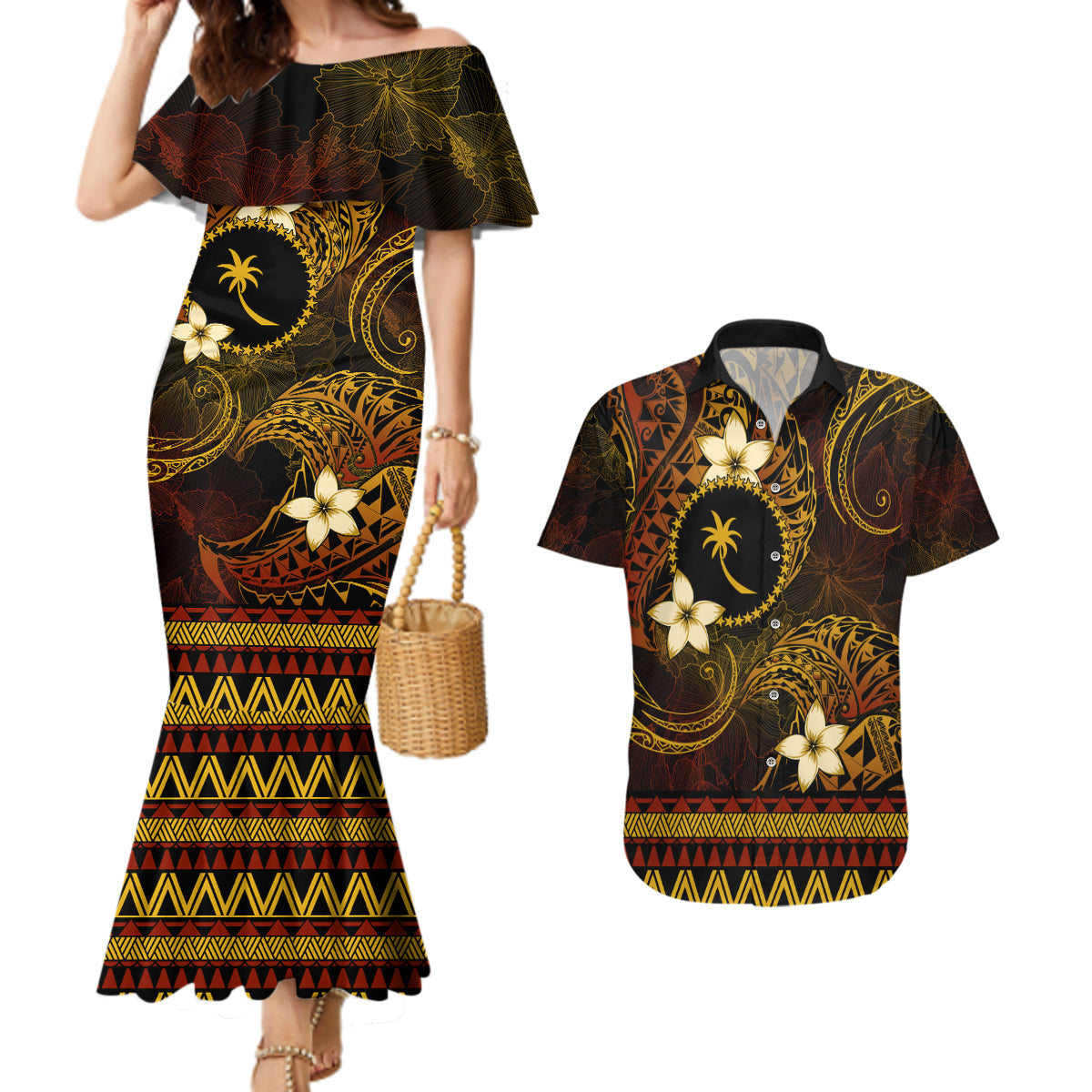 FSM Chuuk State Couples Matching Mermaid Dress and Hawaiian Shirt Tribal Pattern Gold Version LT01 Gold - Polynesian Pride