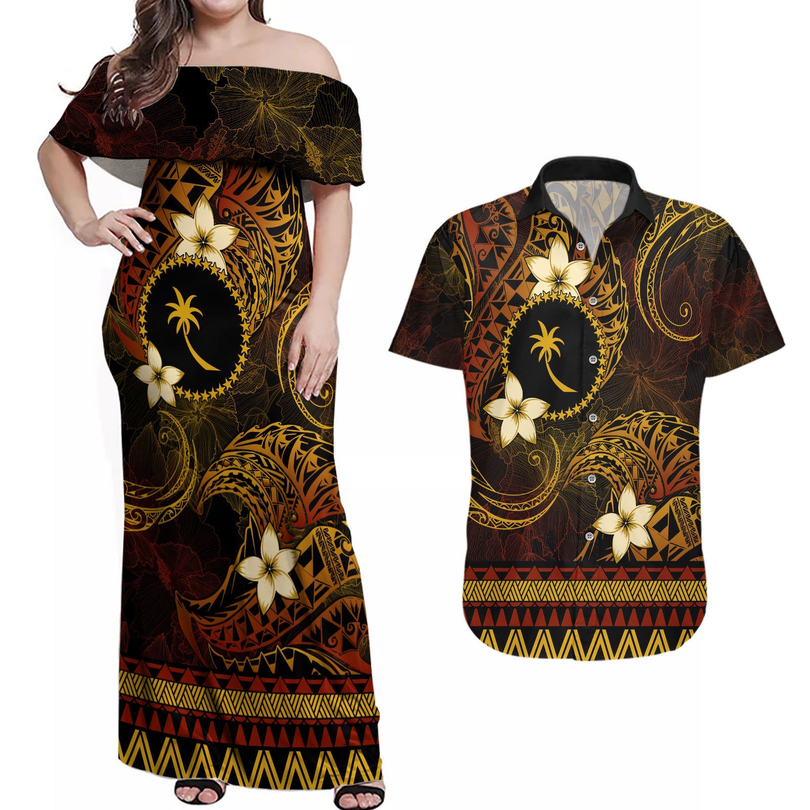 FSM Chuuk State Couples Matching Off Shoulder Maxi Dress and Hawaiian Shirt Tribal Pattern Gold Version LT01 Gold - Polynesian Pride