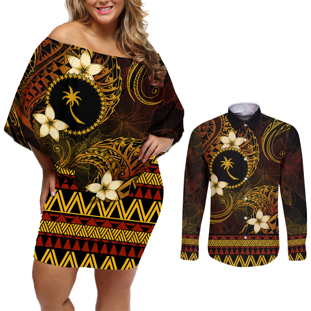 FSM Chuuk State Couples Matching Off Shoulder Short Dress and Long Sleeve Button Shirt Tribal Pattern Gold Version LT01 Gold - Polynesian Pride