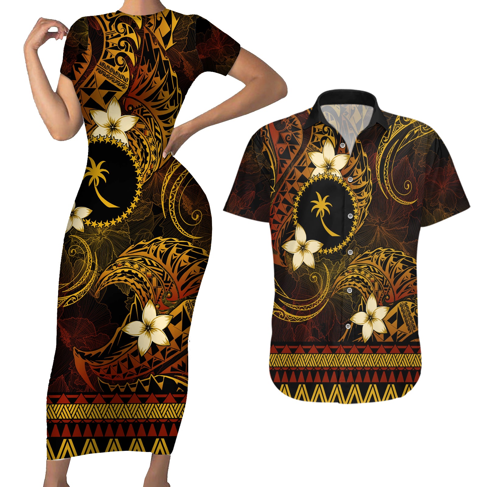 FSM Chuuk State Couples Matching Short Sleeve Bodycon Dress and Hawaiian Shirt Tribal Pattern Gold Version LT01 Gold - Polynesian Pride