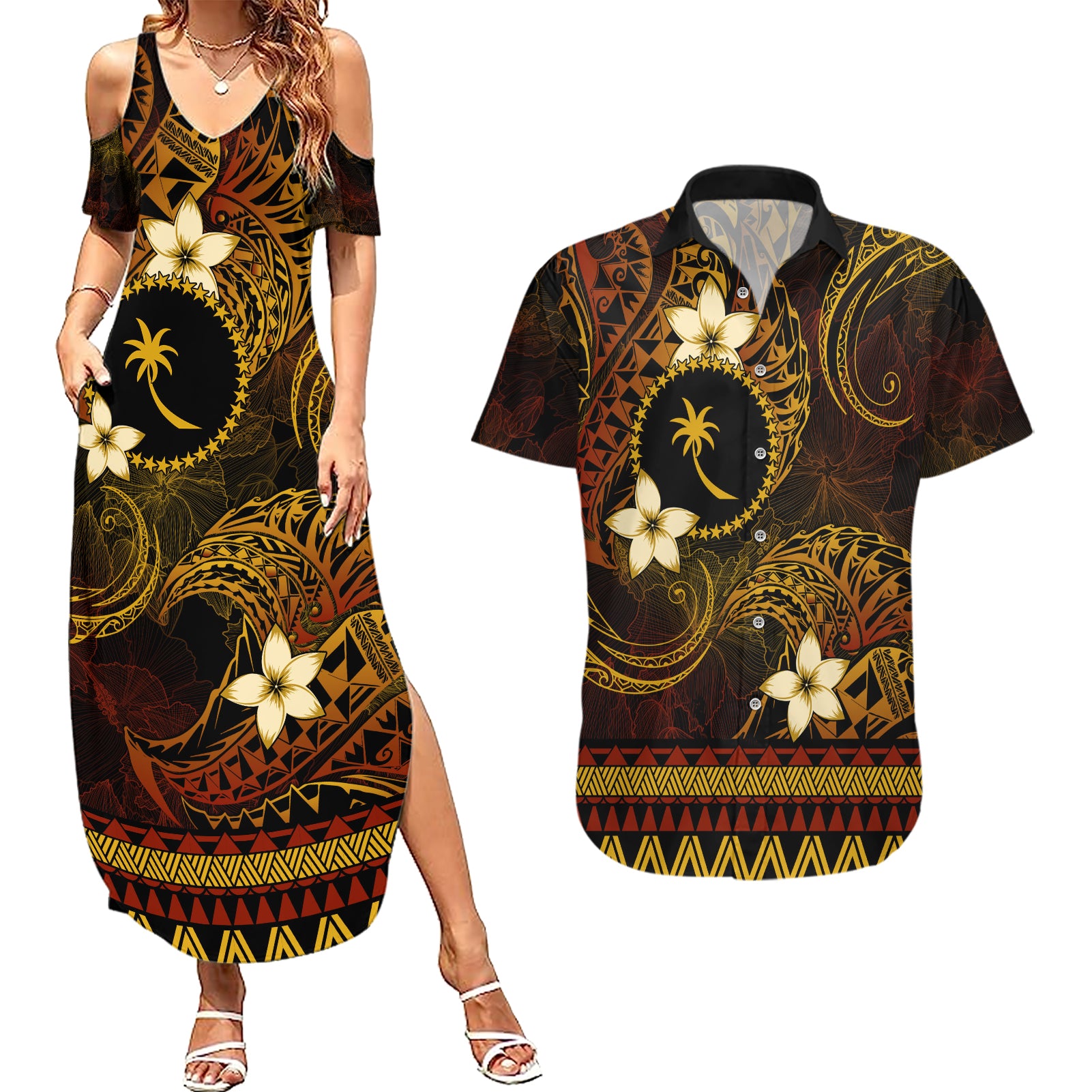 FSM Chuuk State Couples Matching Summer Maxi Dress and Hawaiian Shirt Tribal Pattern Gold Version LT01 Gold - Polynesian Pride