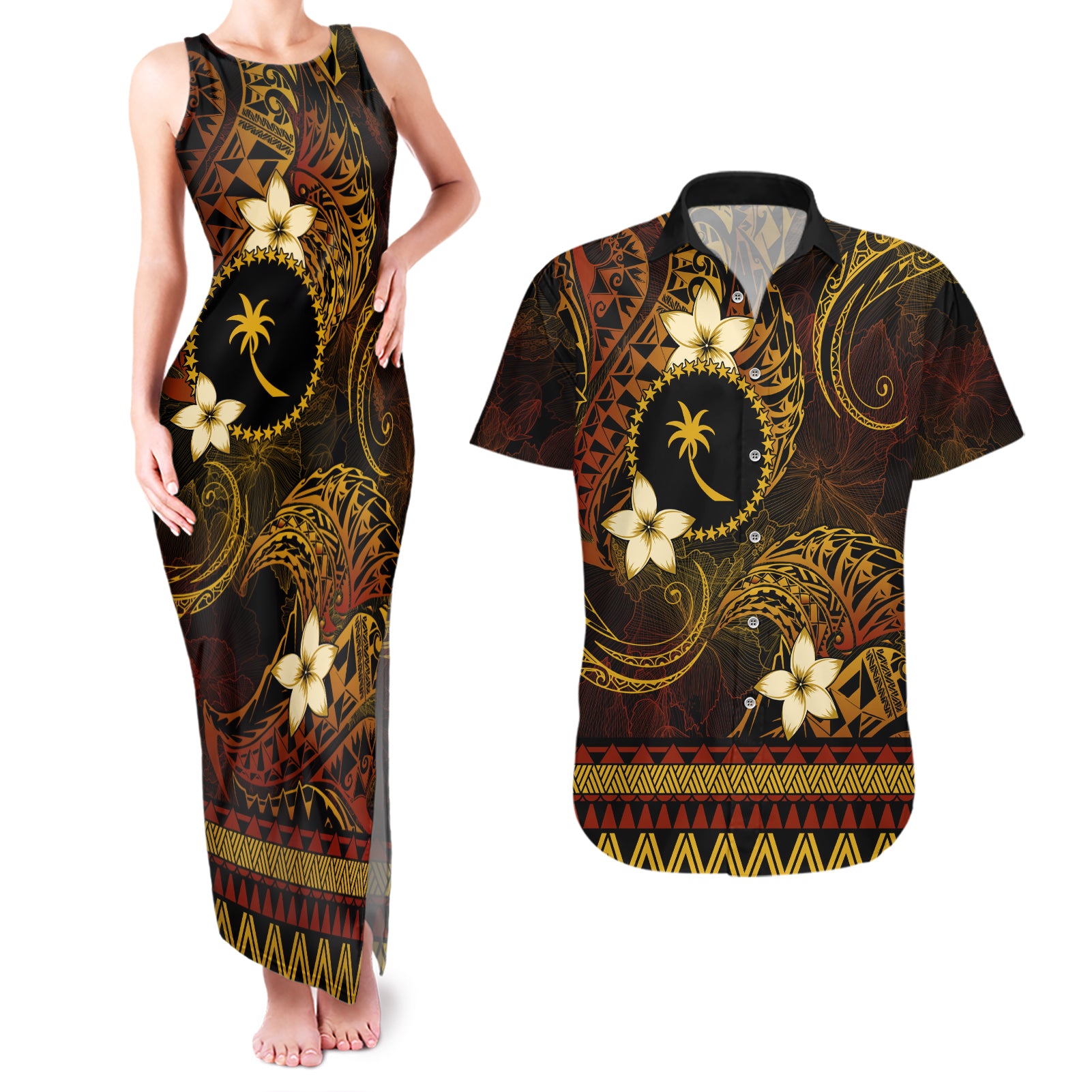 FSM Chuuk State Couples Matching Tank Maxi Dress and Hawaiian Shirt Tribal Pattern Gold Version LT01 Gold - Polynesian Pride