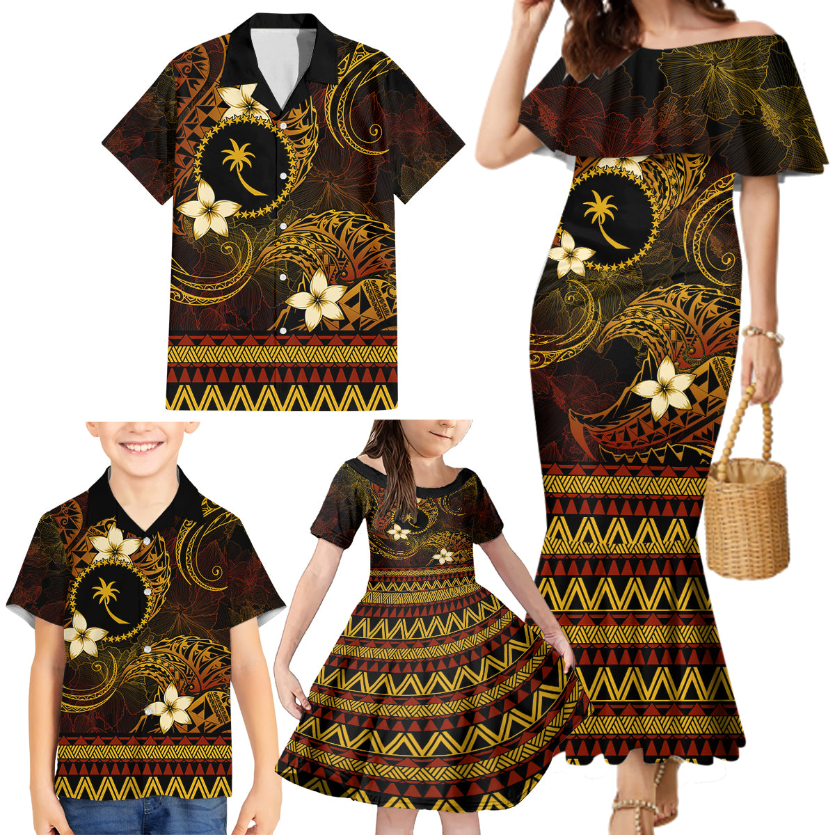FSM Chuuk State Family Matching Mermaid Dress and Hawaiian Shirt Tribal Pattern Gold Version LT01 - Polynesian Pride