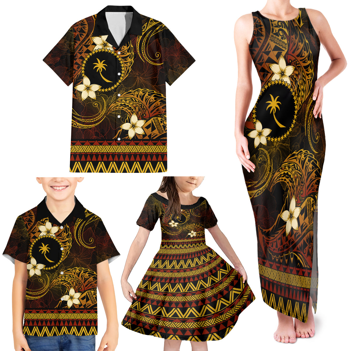 FSM Chuuk State Family Matching Tank Maxi Dress and Hawaiian Shirt Tribal Pattern Gold Version LT01 - Polynesian Pride