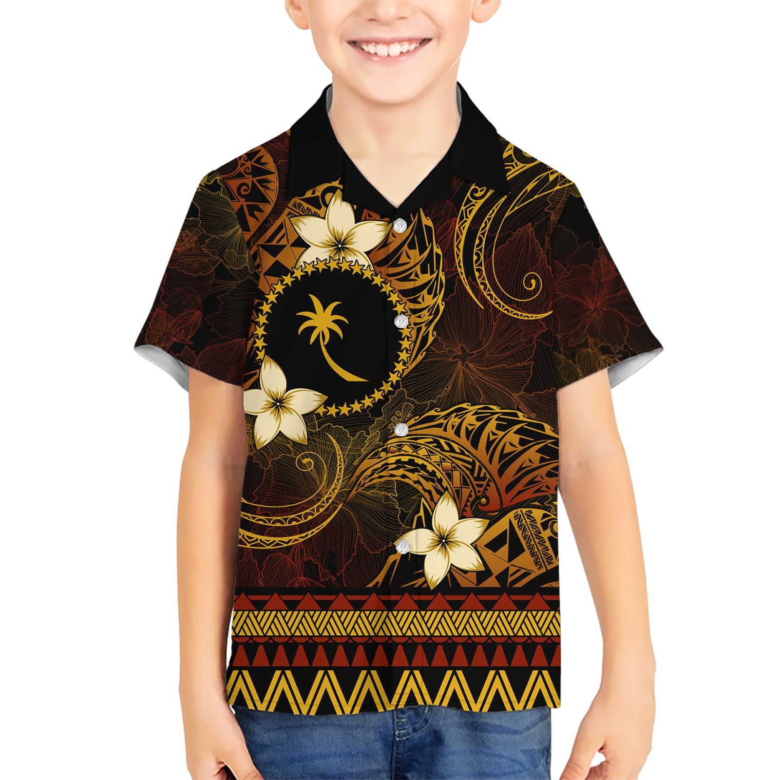 FSM Chuuk State Kid Hawaiian Shirt Tribal Pattern Gold Version LT01 Kid Gold - Polynesian Pride