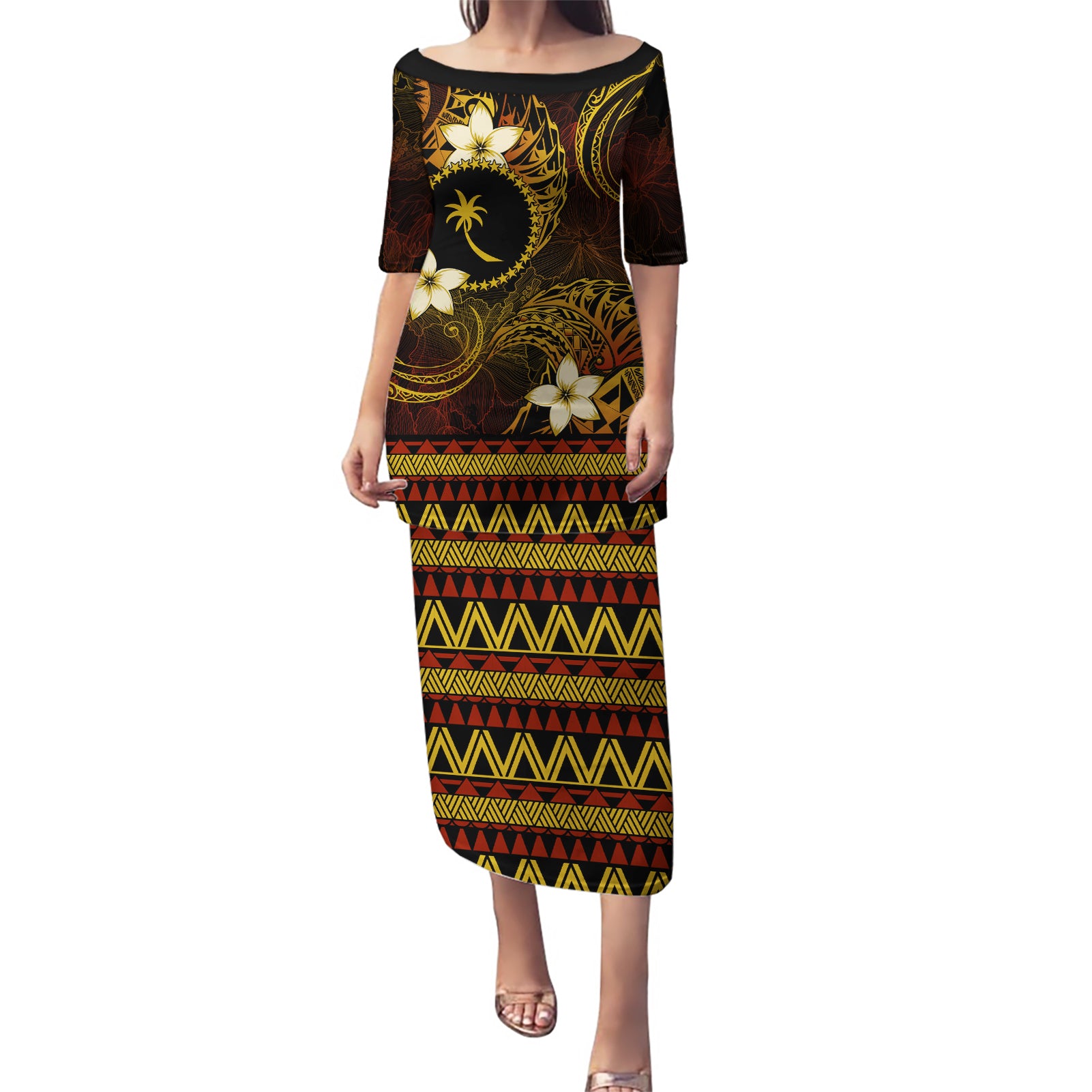 FSM Chuuk State Puletasi Tribal Pattern Gold Version LT01 Long Dress Gold - Polynesian Pride