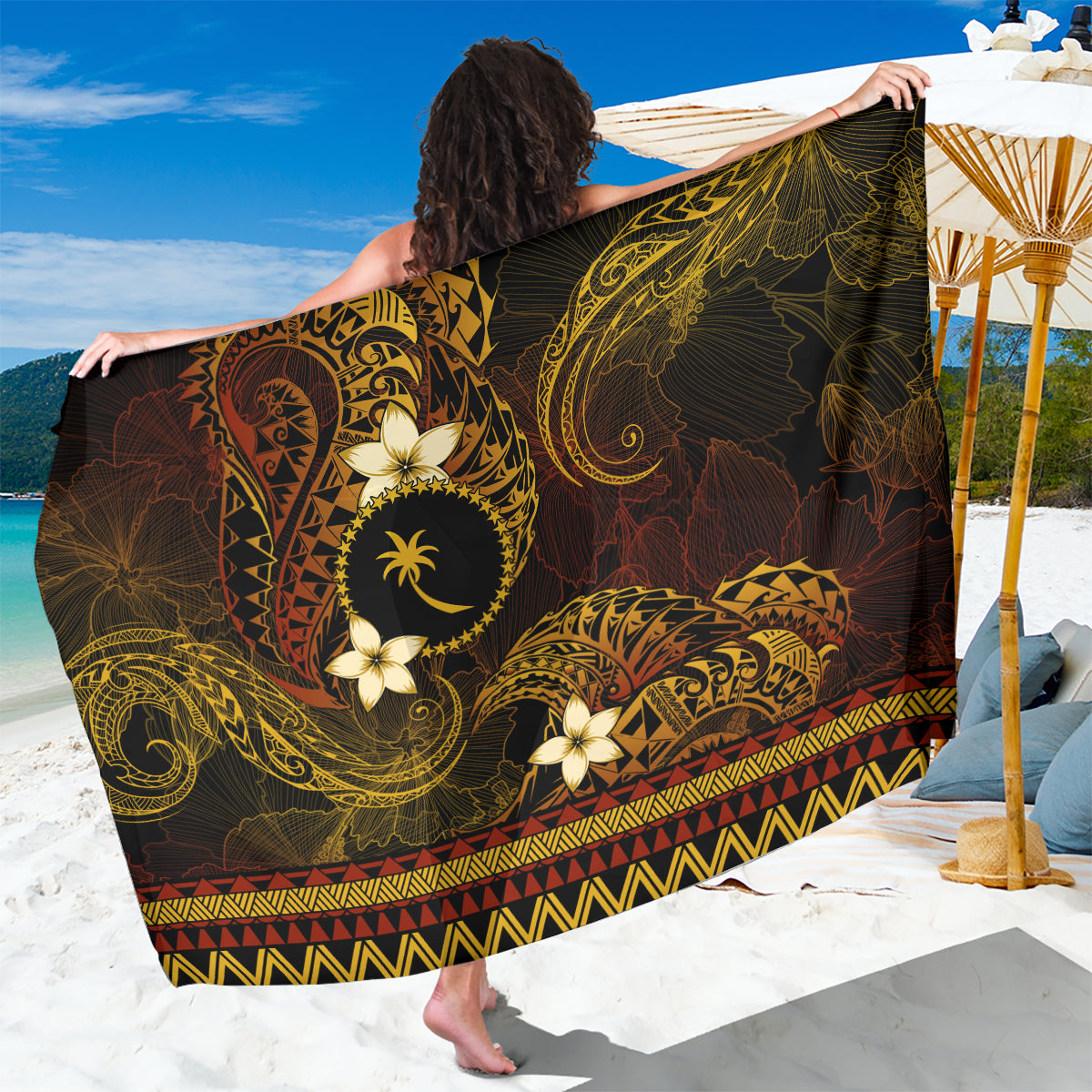 FSM Chuuk State Sarong Tribal Pattern Gold Version LT01 One Size 44 x 66 inches Gold - Polynesian Pride