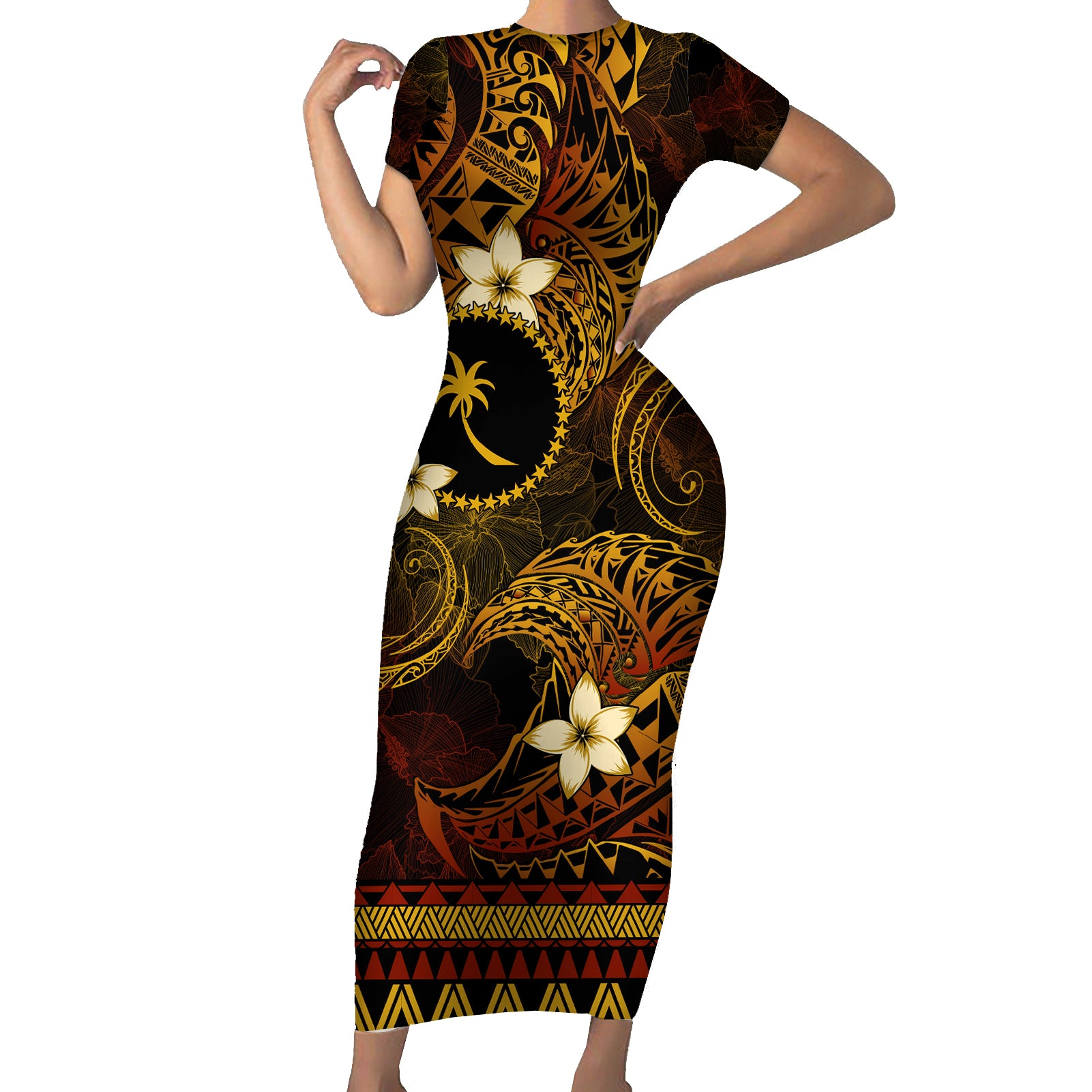 FSM Chuuk State Short Sleeve Bodycon Dress Tribal Pattern Gold Version LT01 Long Dress Gold - Polynesian Pride
