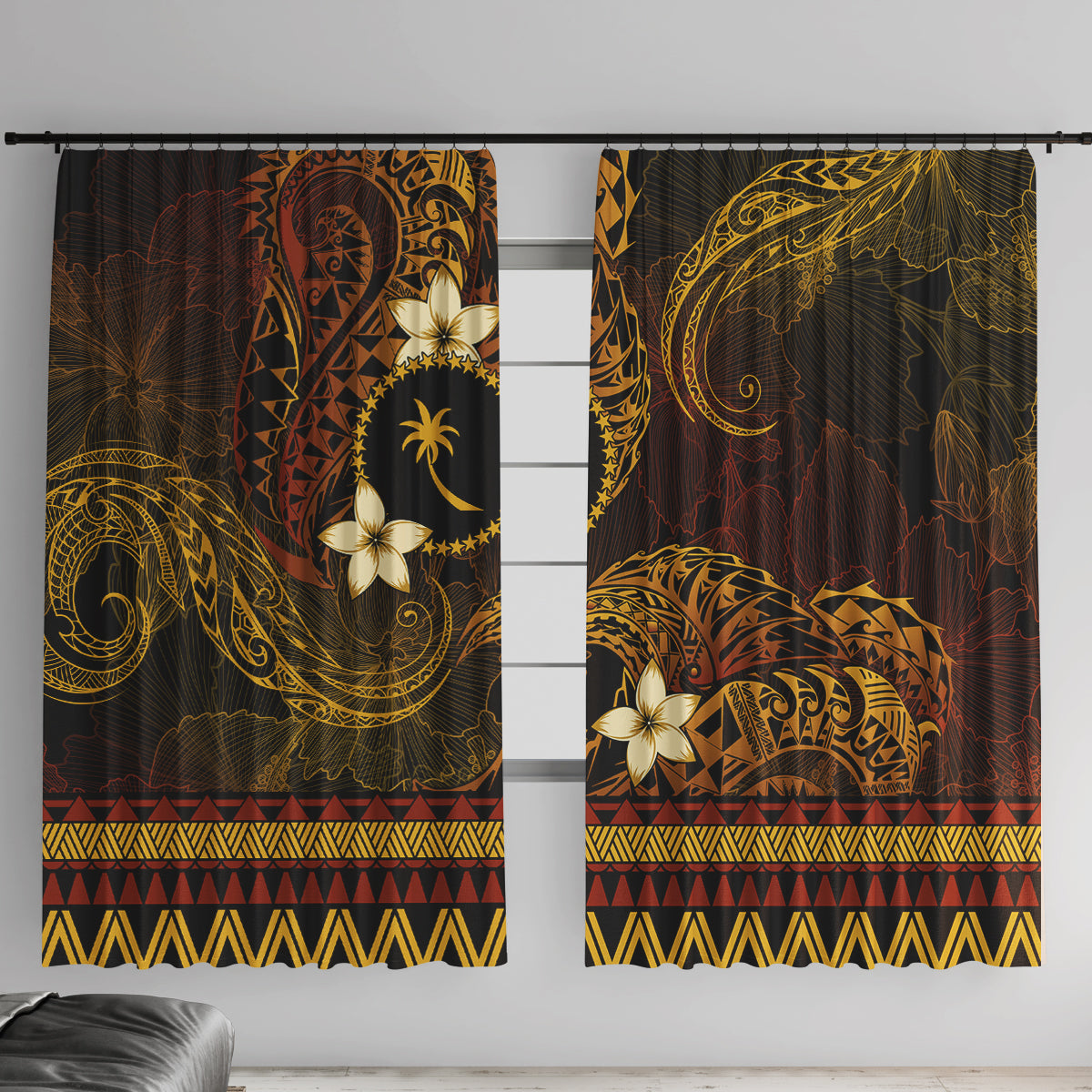 FSM Chuuk State Window Curtain Tribal Pattern Gold Version LT01 With Hooks Gold - Polynesian Pride