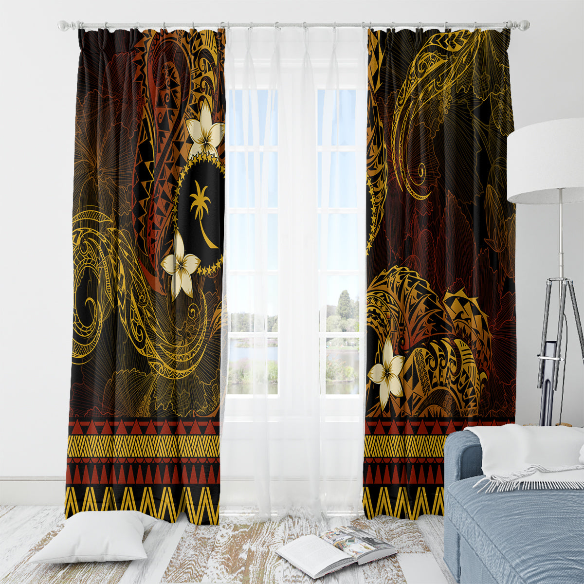 FSM Chuuk State Window Curtain Tribal Pattern Gold Version LT01 - Polynesian Pride