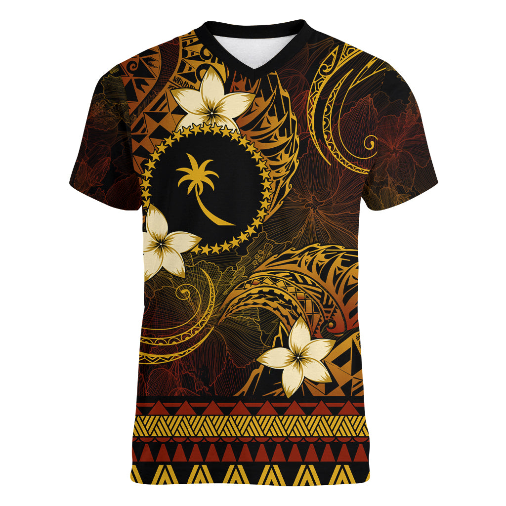 FSM Chuuk State Women V Neck T Shirt Tribal Pattern Gold Version LT01 Female Gold - Polynesian Pride