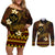 FSM Kosrae State Couples Matching Off Shoulder Short Dress and Long Sleeve Button Shirt Tribal Pattern Gold Version LT01 Gold - Polynesian Pride