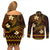 FSM Kosrae State Couples Matching Off Shoulder Short Dress and Long Sleeve Button Shirt Tribal Pattern Gold Version LT01 - Polynesian Pride
