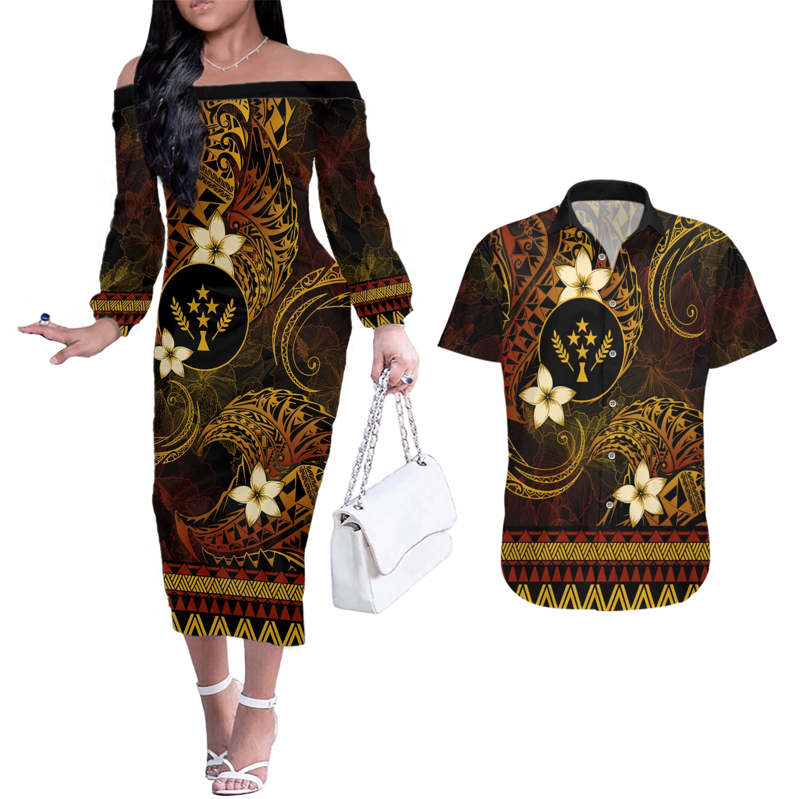 FSM Kosrae State Couples Matching Off The Shoulder Long Sleeve Dress and Hawaiian Shirt Tribal Pattern Gold Version LT01 Gold - Polynesian Pride