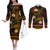 FSM Kosrae State Couples Matching Off The Shoulder Long Sleeve Dress and Long Sleeve Button Shirt Tribal Pattern Gold Version LT01 Gold - Polynesian Pride