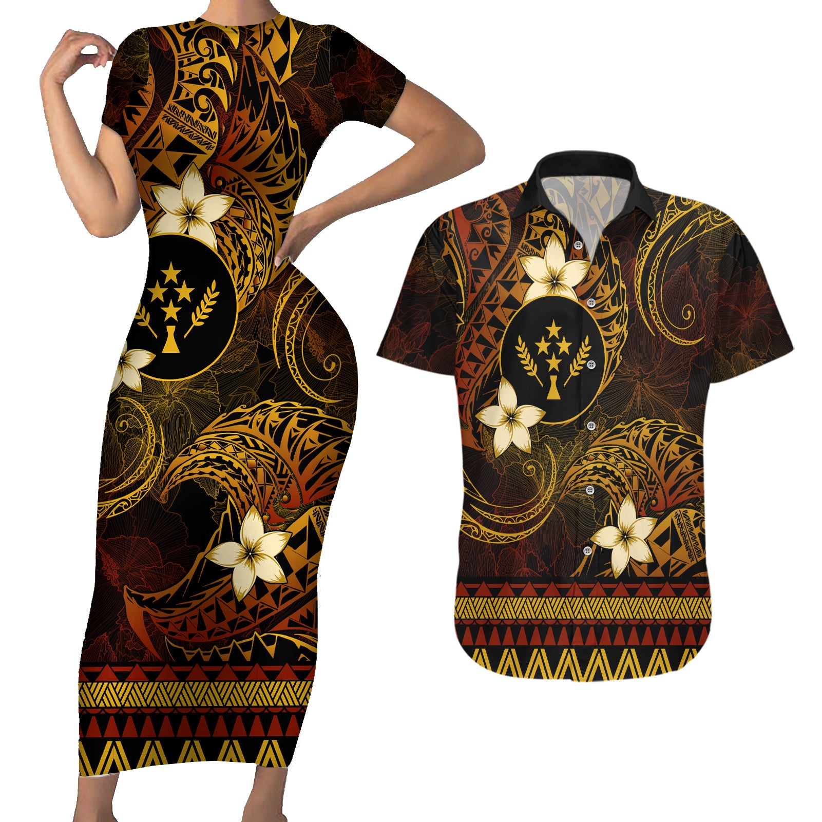 FSM Kosrae State Couples Matching Short Sleeve Bodycon Dress and Hawaiian Shirt Tribal Pattern Gold Version LT01 Gold - Polynesian Pride