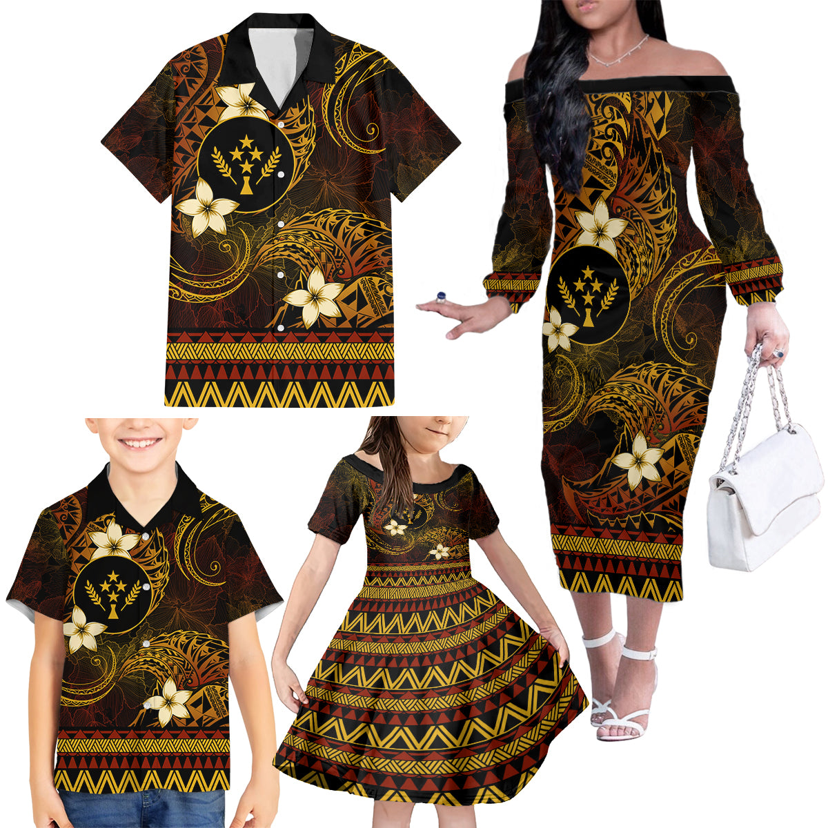 FSM Kosrae State Family Matching Off Shoulder Long Sleeve Dress and Hawaiian Shirt Tribal Pattern Gold Version LT01 - Polynesian Pride