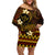 FSM Kosrae State Family Matching Off Shoulder Short Dress and Hawaiian Shirt Tribal Pattern Gold Version LT01 Mom's Dress Gold - Polynesian Pride