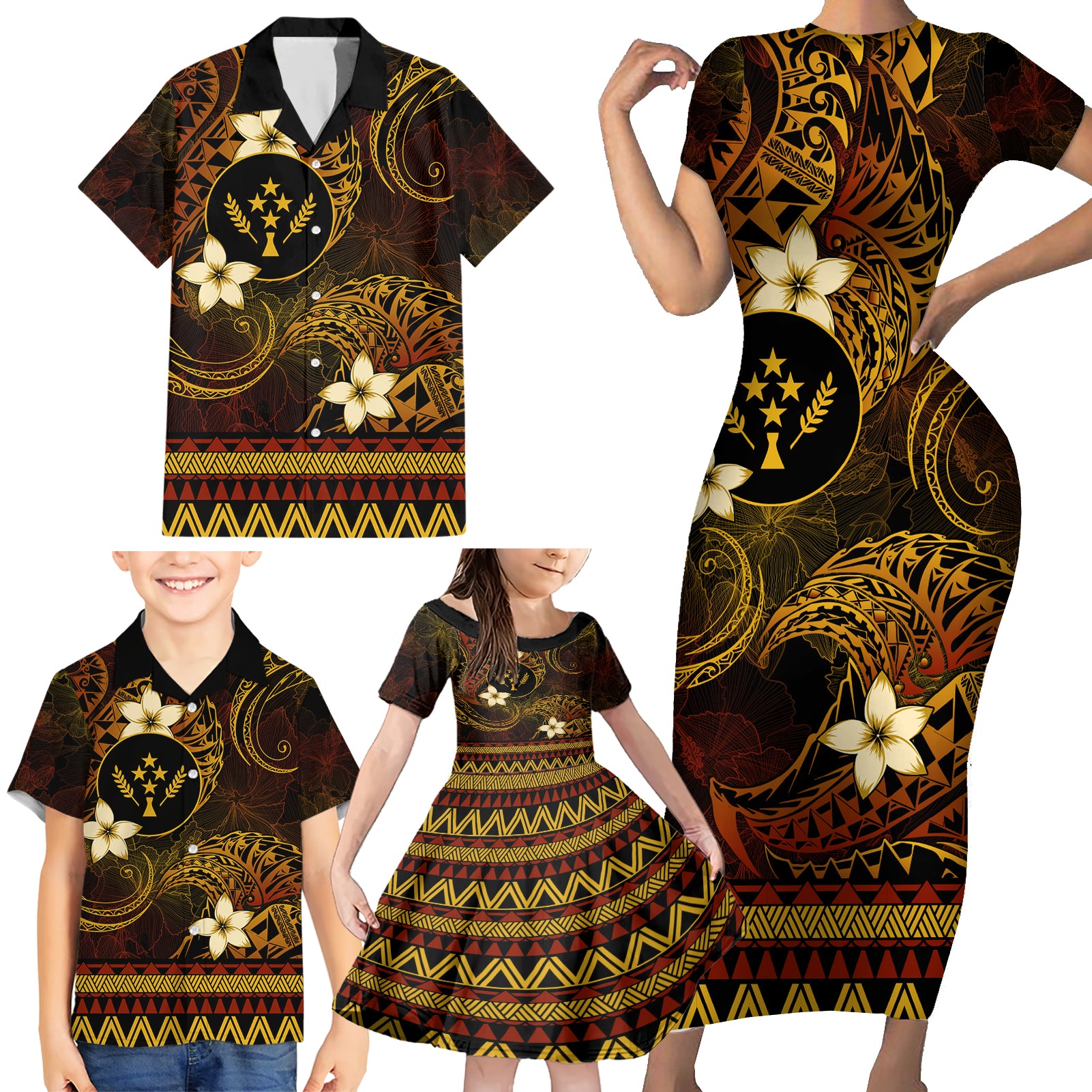 FSM Kosrae State Family Matching Short Sleeve Bodycon Dress and Hawaiian Shirt Tribal Pattern Gold Version LT01 - Polynesian Pride