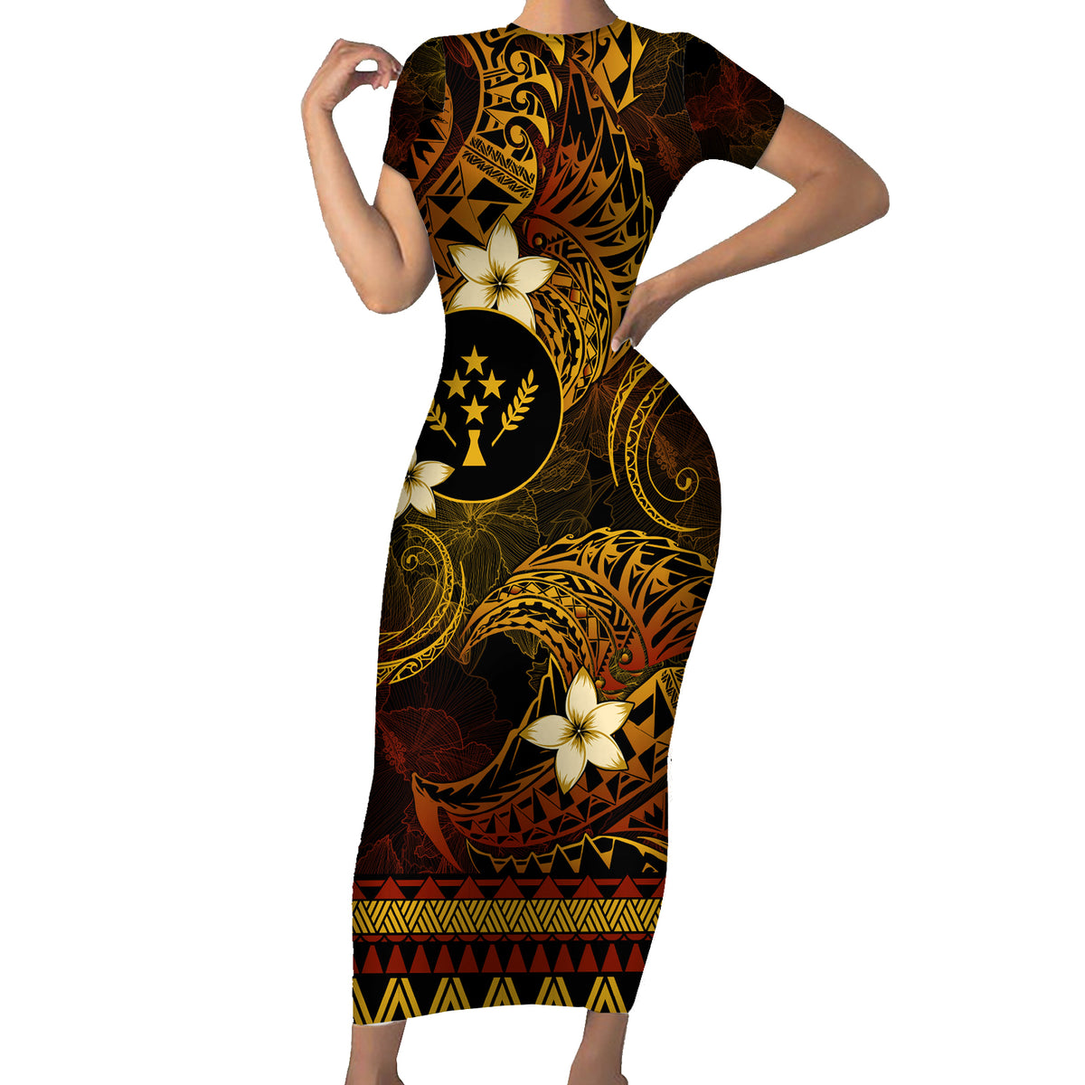 FSM Kosrae State Family Matching Short Sleeve Bodycon Dress and Hawaiian Shirt Tribal Pattern Gold Version LT01 Mom's Dress Gold - Polynesian Pride