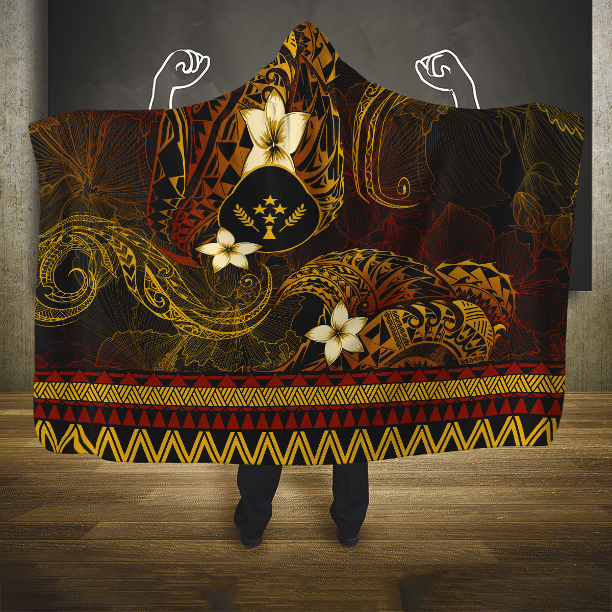 FSM Kosrae State Hooded Blanket Tribal Pattern Gold Version LT01 One Size Gold - Polynesian Pride