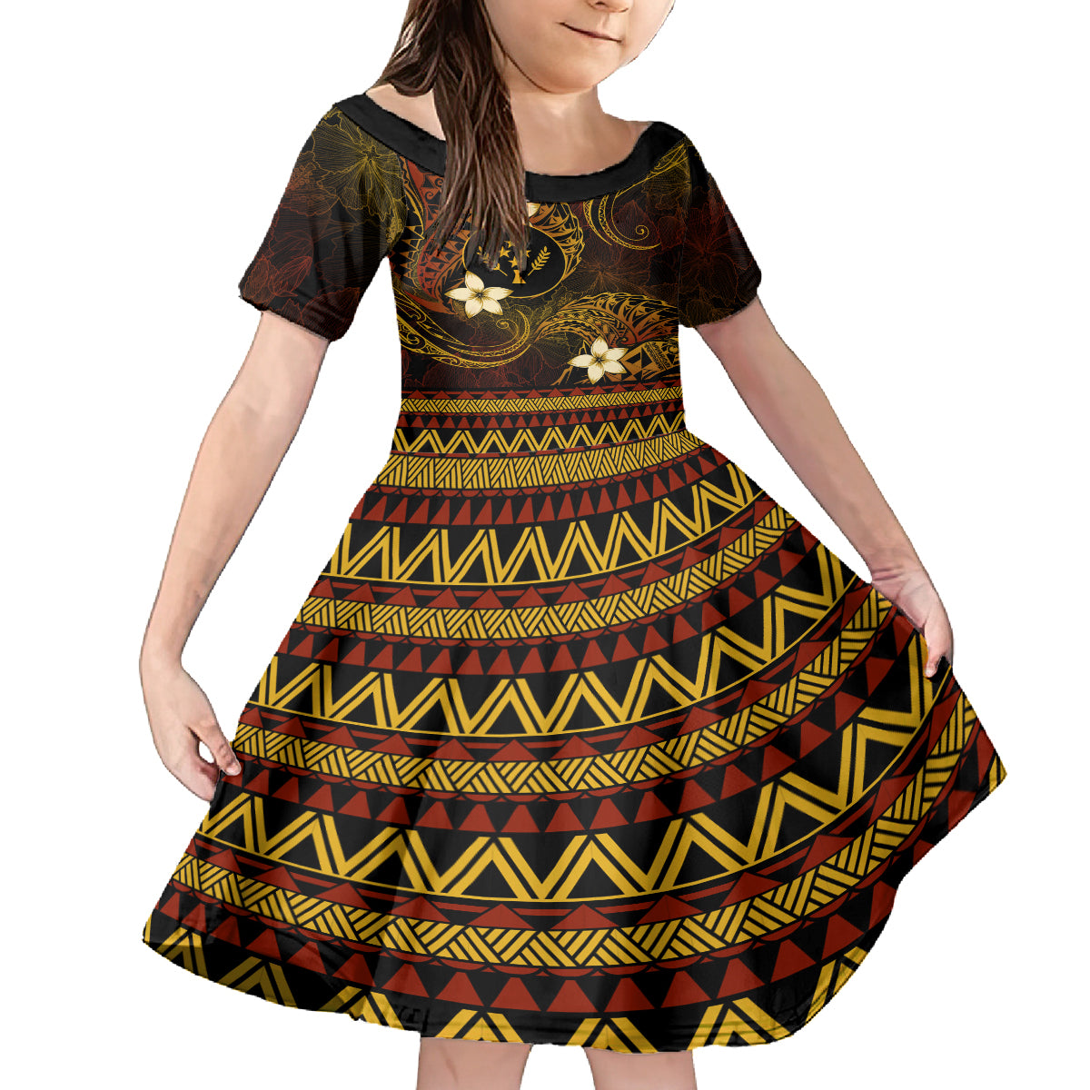 FSM Kosrae State Kid Short Sleeve Dress Tribal Pattern Gold Version LT01 KID Gold - Polynesian Pride