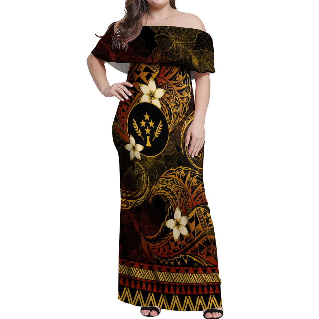 FSM Kosrae State Off Shoulder Maxi Dress Tribal Pattern Gold Version LT01 Women Gold - Polynesian Pride